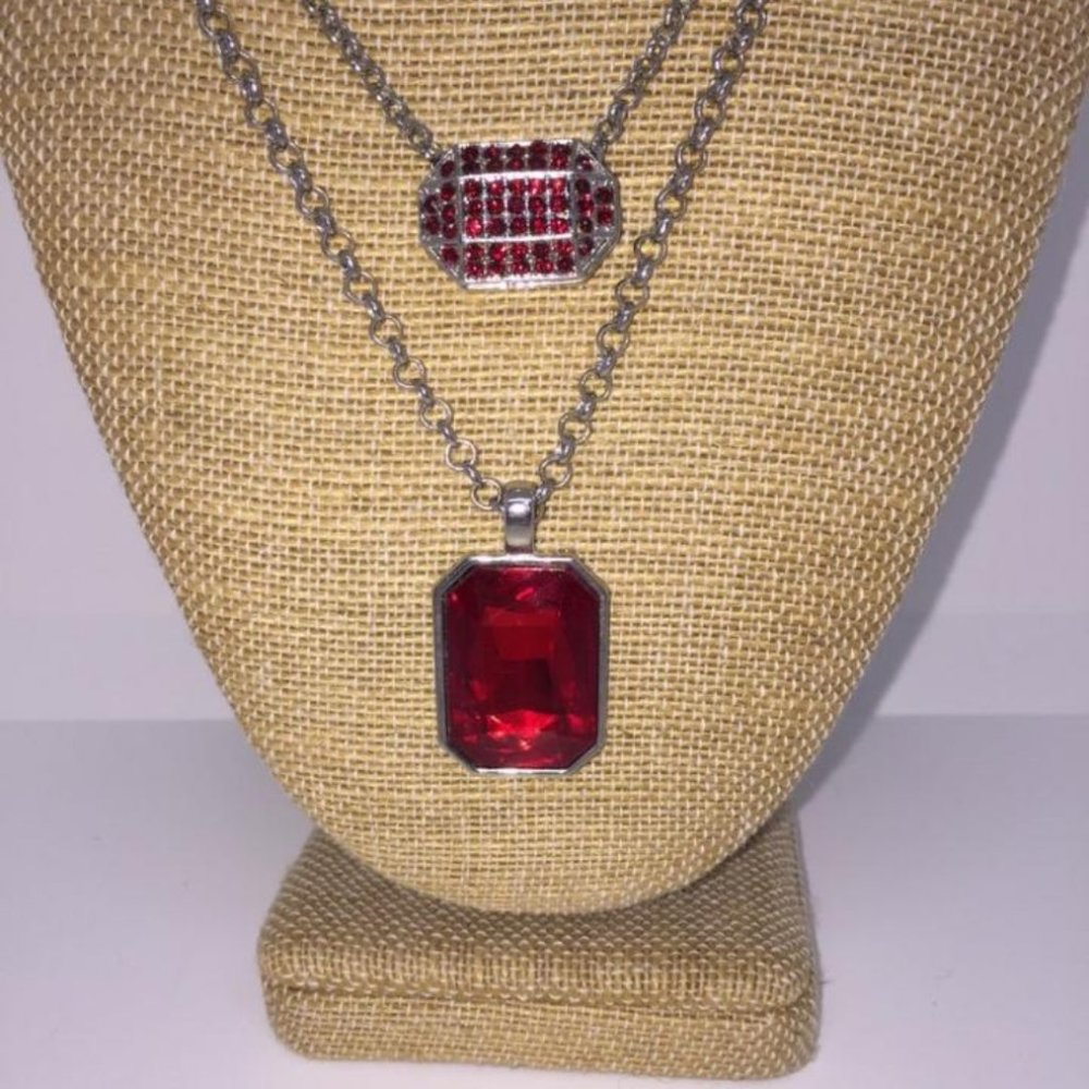 Silver 3 Drop Ruby Red Rhinestone Necklace1292 - image 3